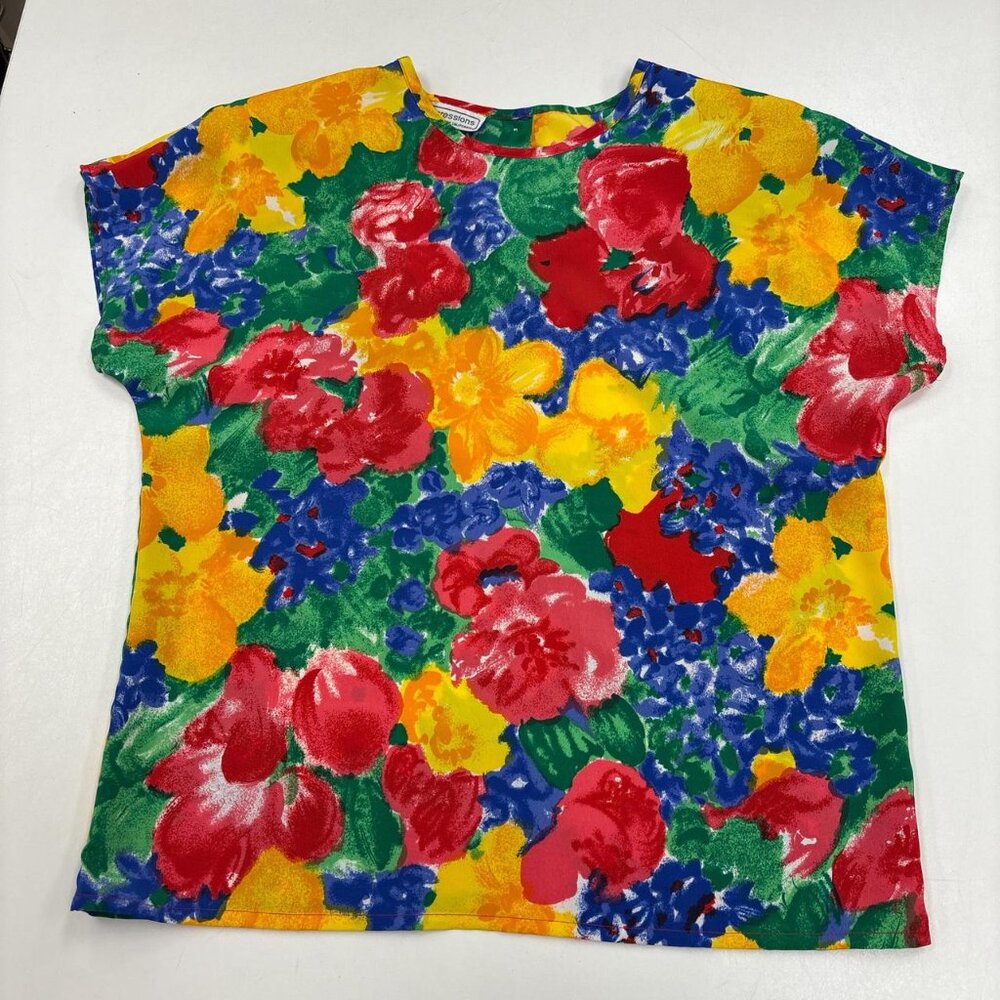 80's Impressions Floral Blouse Womens Small Vintage Colorful Shoulder Pads